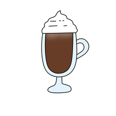 A cartoonish drawing of a mug of hot chocolate with whipped cream on top. The image is in a white background