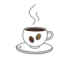 Obraz premium A white coffee cup with two coffee beans on it sits on a white saucer. The steam rising from the cup creates a cozy and inviting atmosphere