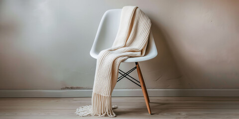 Fototapeta na wymiar Modern white chair with a cream blanket against a neutral wall for a minimalist interior look.