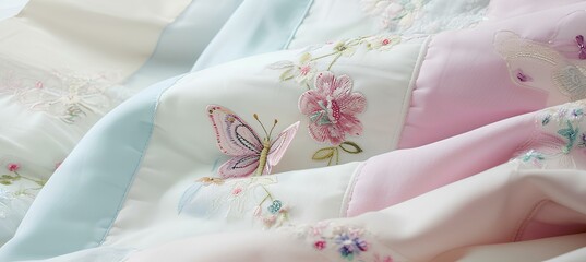 A blend of pastel patchwork fabrics, delicate butterfly and floral appliques