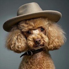 Studio shot of a cute poodle wearing a fedora hat - obrazy, fototapety, plakaty