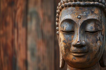 Fototapeta na wymiar Buddha statue on old wooden wall background, close up