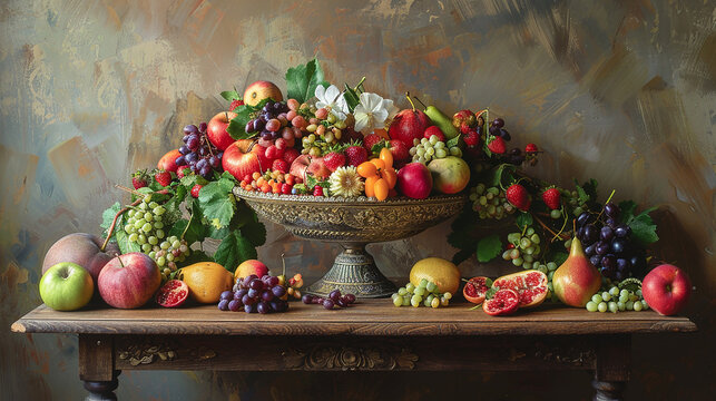  A still life composition featuring a bowl of freshly picked fruits, arranged artfully on a worn farm table in the center of the gallery. 
