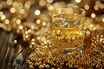 Foto op Plexiglas a glass filled with liquid sitting on top of a pile of gold colored beads on top of a wooden table. © john