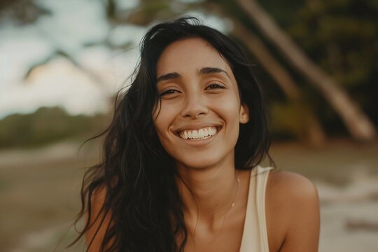 Close up portrait of a happy young woman smiling on the beach