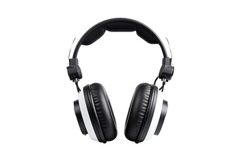 Fototapeta na wymiar A pair of black headphones with cushioned ear cups. The headphones are wired and resting in a symmetrical position. Isolated on a Transparent Background PNG.