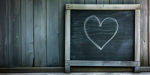 A simple heart drawn on a chalkboard, set against a rustic wooden background.
