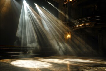 Stage Spotlight with smoke and rays of light in the dark, close-up - obrazy, fototapety, plakaty