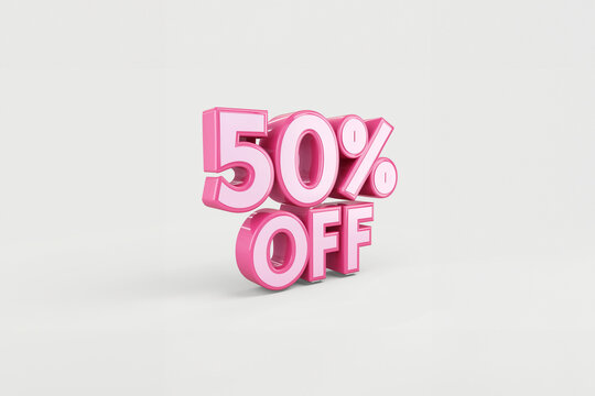 texte en lettres et chiffres roses rendu 3D, "50 % OFF" soit 50 pourcents de r&eacute;duction, ressource graphique pour les soldes et les promotions, Black Friday, . Texte sur fond blanc