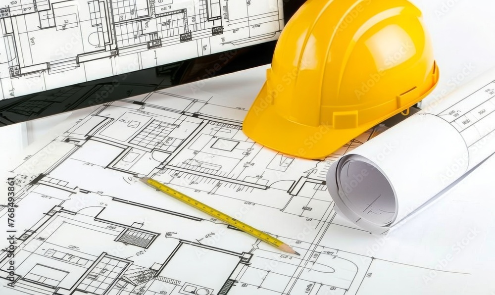 Poster blueprint for progress: construction helmet rests on detailed architectural plans for future develop
