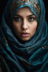 Ausdrucksstarke Porträtaufnahme einer jungen orientalischen Frau mit elegantem Hijab