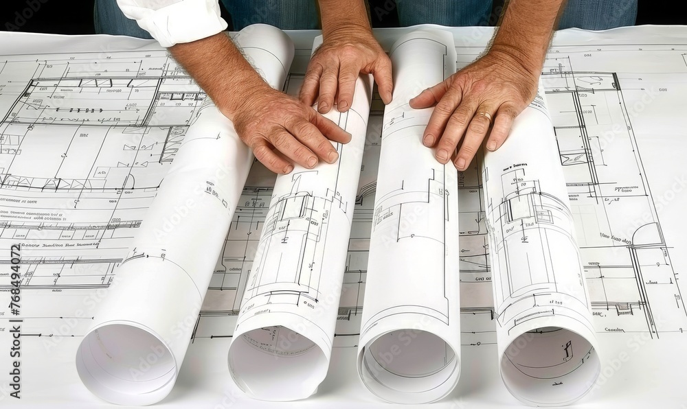 Poster hands unfurling blueprints of detailed architectural plans for a new structure, generative ai