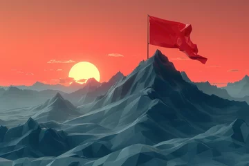 Fotobehang An abstract mountain with a path to the summit and a flag. Success Steps Infographic: Climbing the Futuristic Mountain of Achievement with Low Poly Wireframe Design © UniqueGallery