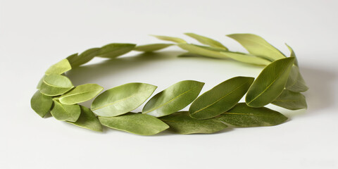 A laurel wreath made of green leaves, representing victory, achievement, or peace.