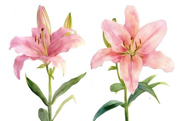 Obraz na płótnie Canvas Set of pink lilies isolated on white background, Watercolor illustration