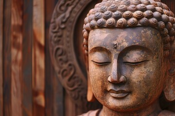 Fototapeta na wymiar Buddha statue on wooden background, close-up view