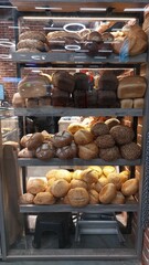 Display case with various breads and rolls