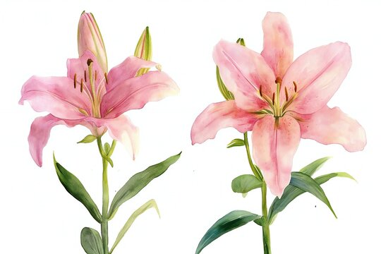 Set of pink lilies isolated on white background,  Watercolor illustration