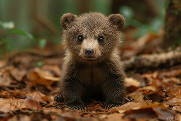 Cute brown bear cub walking in the autumn forest,  Wildlife scene from nature