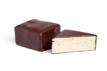 Glazed candy bird's milk. Whole and half candy. Chocolates on a white background.