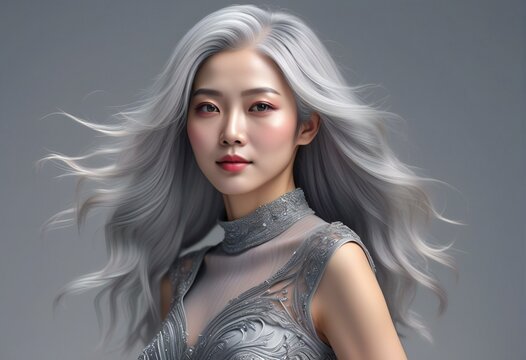 A beautiful girl with silver hair and silver dress