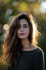 Portrait of a beautiful young brunette girl with long hair