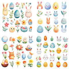 Hand drawn vintage of Happy Easter watercolor symbol set, sketch colorful illustration isolated on white backdrop, gentle simple rabbit, festive egg, tulip, decorative sign for design postcard pattern