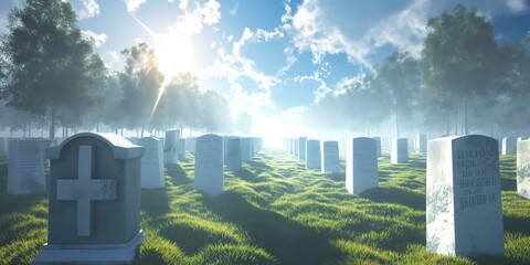 Misty and ethereal cemetery with sun rays piercing through the clouds. - obrazy, fototapety, plakaty