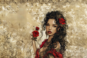 Gitane andalouse habillée d'une robe et d'un ras du cou en dentelle noire , avec un châle sur les épaules et tenant des roses rouges, dont une dans ses cheveux.  Fond beige texturé copy space  - obrazy, fototapety, plakaty