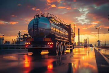 Gleaming fuel tanker truck glides through industrial twilight on rain-slicked highway - obrazy, fototapety, plakaty