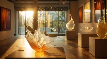 Foto op Canvas  Soft morning light filtering through the windows, casting a golden glow on a collection of delicate glass sculptures displayed in the gallery.   © umair