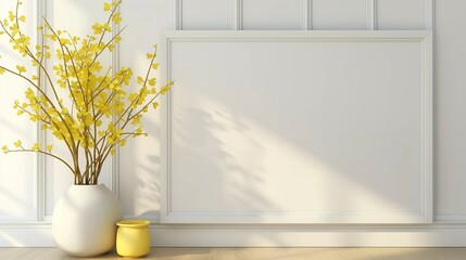 Mockup frame. Forsythia pot prop. White wall home interior. 3d rendering