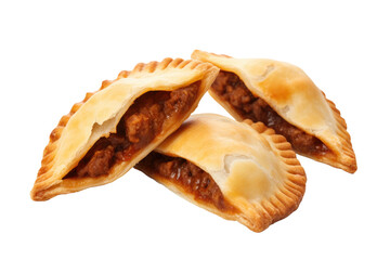 Three golden-brown pastries filled with savory meat. The flaky crusts are perfectly baked. These delectable treats are ready to be enjoyed. Isolated on a Transparent Background PNG.