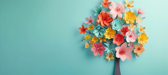 Artificial tree made of colorful paper flowers on pastel blue background, negative space