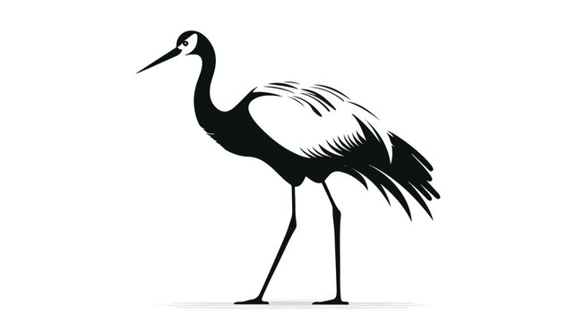 Black and white vector illustration of a crane bird flat