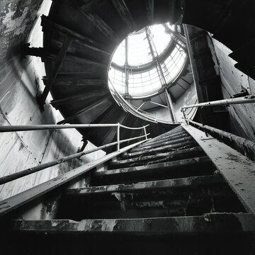 Black and white image of a spiral staircase in an abandoned building