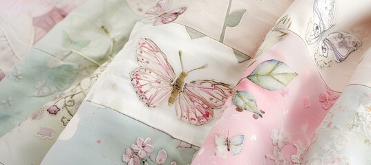 Pastel patchwork fabrics, featuring delicate butterfly and floral appliques