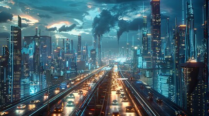 A network of neon-lit highways stretching across the urban sprawl, where sleek hovercars and motorcycles weave through traffic amidst the towering skyscrapers of a cyberpunk megalopolis in