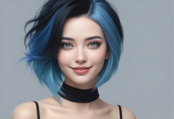 Portrait of a beautiful young woman with blue hair on gray background