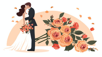 Bouquet of roses and couple on the background.. flat vector