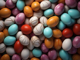 Fototapeta na wymiar Close up Shot of Colored Eggs Background. Generative AI