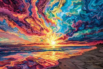Foto auf Acrylglas Sunset over the sea,  Digital painting,  Colorful background © Nguyen