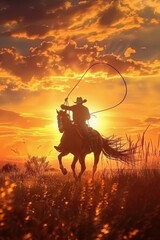 A Cowboy Silhouetted Against a Stunning Sunset as He Winds Down with a Sunset Ride, Generative AI