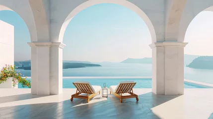 Deurstickers vacation, couple on the beach near swimming pool, luxury travel. Traditional mediterranean white architecture with arch sunshine. Summer vacation concept.Happy viewpoint and enjoys © Sittipol 