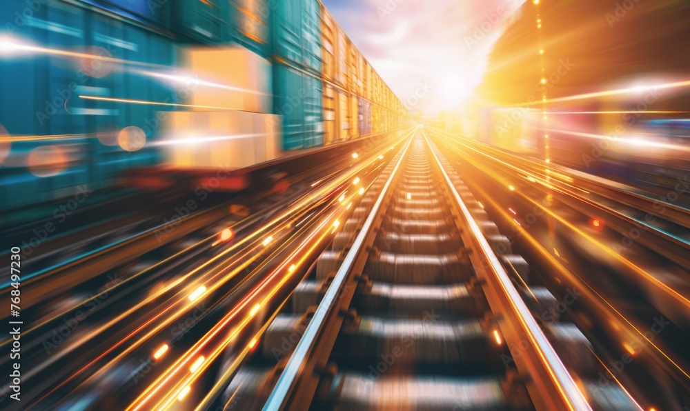 Poster a modern train blurs across illuminated tracks, symbolizing rapid transit and connection, generative
