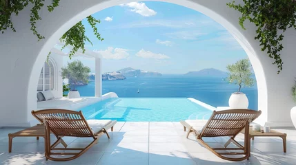 Deurstickers vacation, couple on the beach near swimming pool, luxury travel. Traditional mediterranean white architecture with arch sunshine. Summer vacation concept.Happy viewpoint and enjoys © Sittipol 