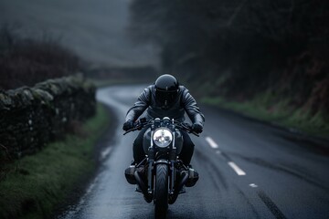 Motorcyclist riding on a country road in a foggy day - obrazy, fototapety, plakaty