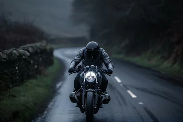 Foto auf Acrylglas Motorcyclist riding on a country road in a foggy day © Nguyen