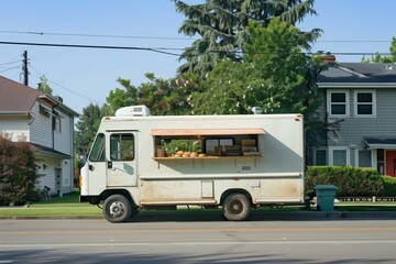 food truck with plain sides in a suburban neighborhood