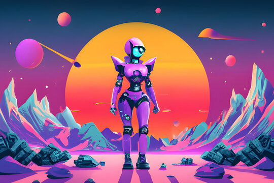 A purple or violet female robot stands on a surreal alien planet. The technology mechanical machine stands with confidence